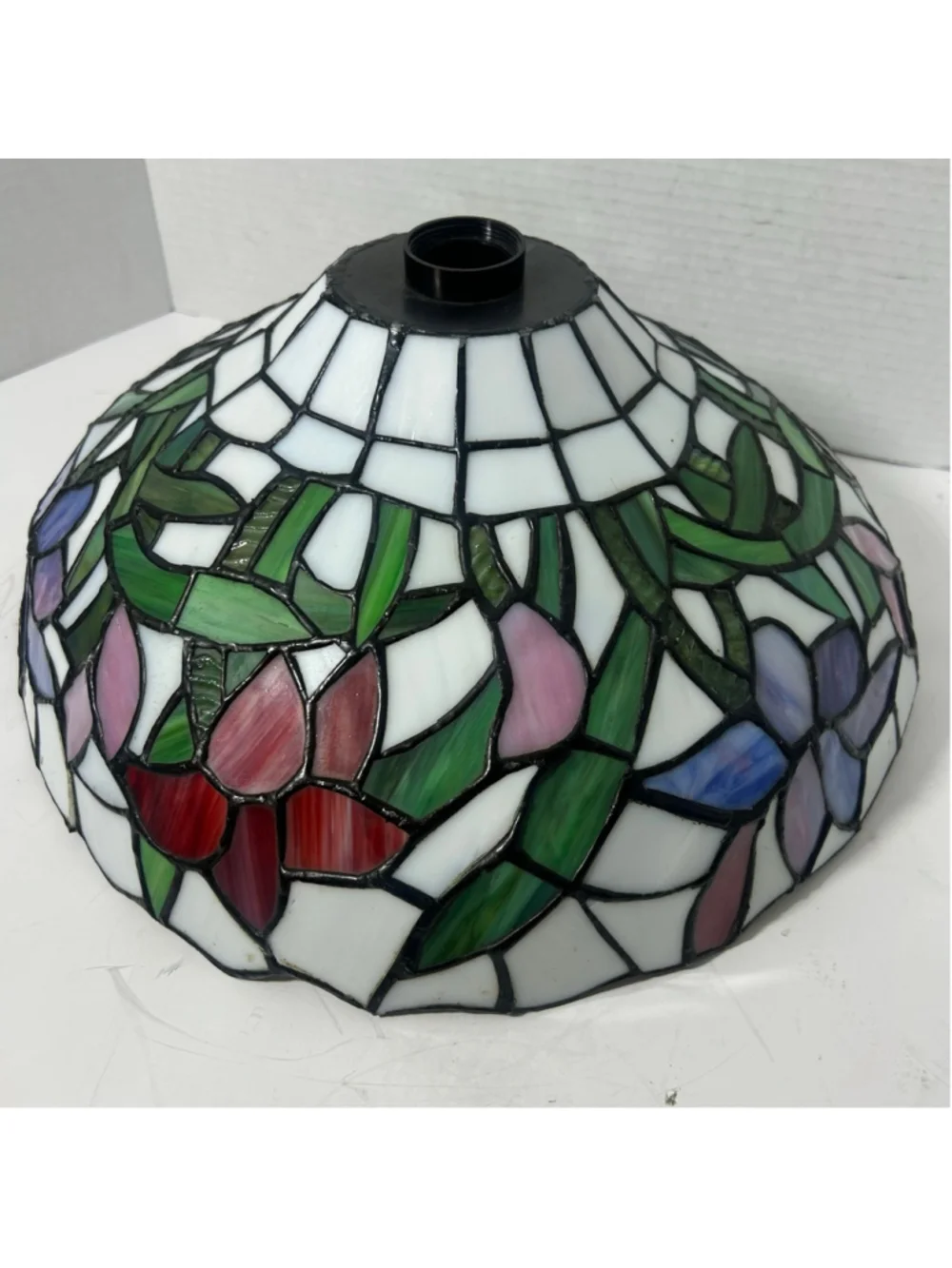 Vintage Tiffany Style Stained Marbled Slag Glass Lamp Shade Floral Retro